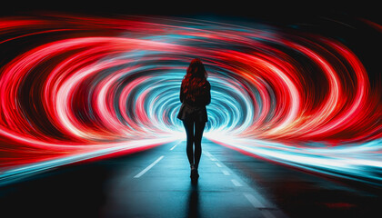 Wall Mural - Person in a dynamic sci-fi tunnel with red and blue light trails, futuristic atmosphere