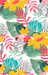 Wall Mural - Vector seamless pattern with bright flowers and leaves. Endless floral background.