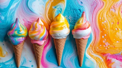 Abstract ice cream art close-up featuring swirled vibrant colors and smooth creamy textures in a playful and modern design