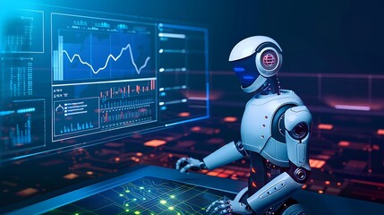 Poster - A white humanoid robot analyzes data on a computer screen displaying a line graph of red and blue numbers. The robot's head is turned toward the screen as it processes the information.