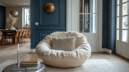 Wall Mural - Cozy living room with a large bean bag chair and modern decor.