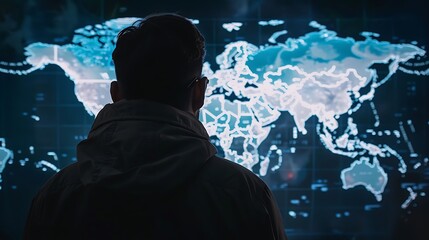Poster - Silhouette of a man looking at a world map displayed on a large screen, representing global connectivity and technological advancement.