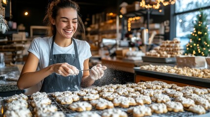 Young Female Baker Dusting Icing Sugar on Freshly Baked Christmas Cookies in a Busy Festive Bakery