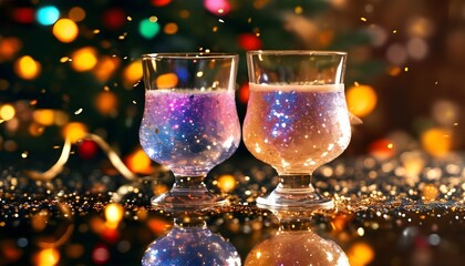 Festive celebration with sparkling wine, glittering confetti, and vibrant lights, surrounded by a luxurious atmosphere of happiness and fireworks for New Year