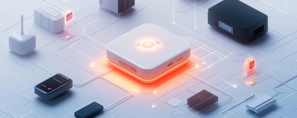 Poster - Futuristic smart home hub interface with glowing circuits and high-tech features in a 3D illustration