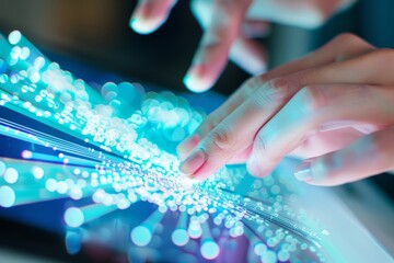 Fototapete - Hands interacting with a glowing digital interface, symbolizing technology, innovation, and futuristic communication in a digital world.