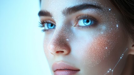 A futuristic portrait of a woman with clear skin, featuring facial tracking technology overlays for skincare and beauty analysis.