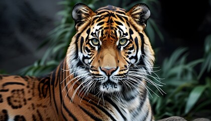 Wall Mural - Stunning close-up portrait of a rare Sumatran tiger showcasing striking stripes and beautiful fur, highlighting the essence of this unique wildlife subspecies