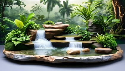 Wall Mural - Tropical jungle landscape showcasing a natural rock podium by a serene stream, surrounded by lush greenery and vibrant waterscapes in a tranquil garden park setting