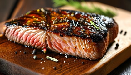 Wall Mural - Savory medium-rare ribeye steak on a rustic wooden board with rosemary, pepper, and salt highlighting its juicy, delicious flavor for a gourmet dinner experience