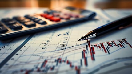 Poster - Pen calculator are placed on a financial graph, illustrating concepts of analysis and planning.