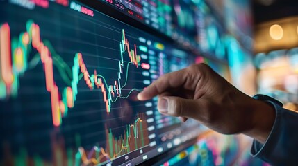 Fototapete - Hand interacts with a screen displaying stock market charts and data.