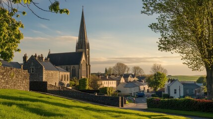 A picturesque view of the Cathedral Church of the Holy and Undivided Trinity in Downpatrick, Northern Ireland, with its towering spire.