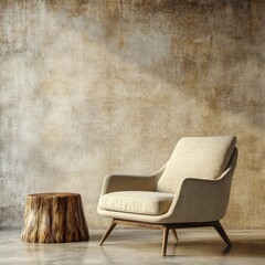 A comfy armchair with wooden legs sits near a rustic tree stump side table in a minimalist living room.