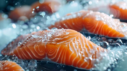  A close-up of salmon fillets in the process of being sliced, showcasing their fresh and vibrant color against an ice-covered background. The scene captures the delicate details 