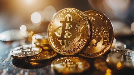 Poster - Close-up of Bitcoin cryptocurrency coins. The coins are stacked on a table with a blurred background