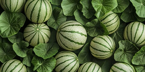 Wall Mural - A vibrant arrangement of fresh watermelons nestled among lush green leaves. The melons display various sizes and patterns. Perfect for food photography, prints or design projects. AI