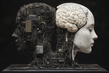 Poster - Human head split in two revealing a brain and a complex network of circuits symbolizing the merger of human cognition with artificial intelligence and advanced machine learning