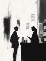 Canvas Print - Silhouettes of two individuals interacting in a modern setting.