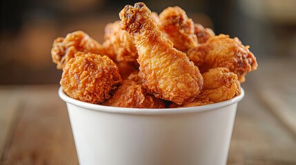 Crispy fried chicken in the bucket on wooden table