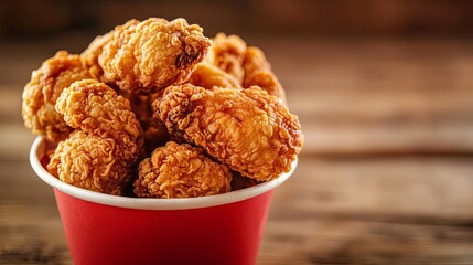 Crispy fried chicken in the bucket on wooden table