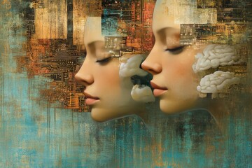 Poster - Two female profiles with abstract digital patterns in warm tones symbolizing the relationship between human identity and technological evolution in a conceptual art form