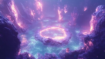 A top-down view of an alien planet featuring vast glowing seas of liquid light, surrounded by towering organic structures and ethereal floating islands