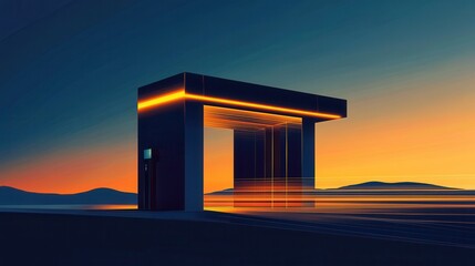 Futuristic Structure at Sunset with Neon Glow