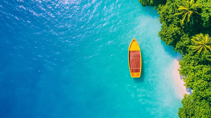 A yellow boat is floating in the ocean near a beach. The water is calm and the sky is clear. The scene is peaceful and serene