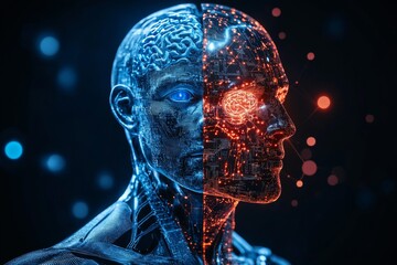 Canvas Print - Humanoid figure with a glowing neural brain symbolizing the advancement of artificial intelligence neural networks and cognitive enhancement in a tech dominated future