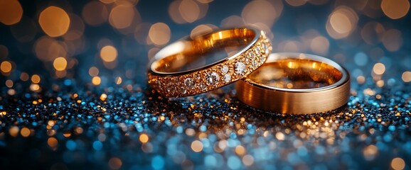 Two golden wedding bands with one ring featuring a row of diamonds, resting on a shimmering blue and gold background.