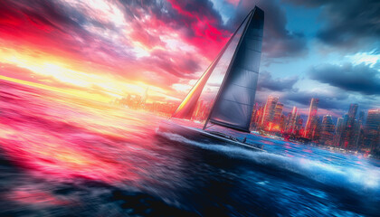 Sailboat moves fast in futuristic city at sunset with colorful light trails