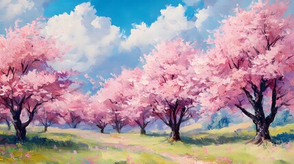 Wall Mural - A Pastoral Landscape with Blossoming Pink Trees and a Blue Sky