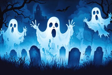 Wall Mural - Spooky ghostly figures against a dark graveyard background