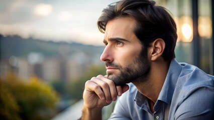 Poster - A man with a thoughtful and serious expression looks into the distance, engaged in deep reflection, surrounded by a calm atmosphere