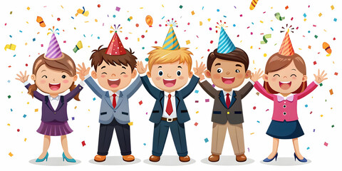 Flat Children�s New Year Countdown: A Vibrant Vector Illustration of Kids in Party Hats Joyfully Counting Down to the New Year with Colorful Confetti