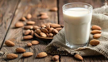 Wall Mural - Glass of almond milk and almonds on wooden table