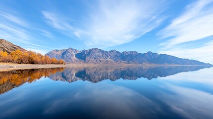 A serene lake reflecting a majestic mountain range, with vibrant colors and textures in the sky and the surrounding landscape. The deep depth of field emphasizes the tranquility and beauty of the