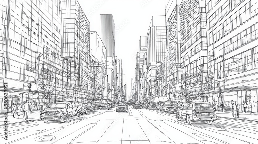 16. A black and white line art illustration of a city street with cars ...