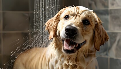 Pampered golden retriever enjoying a cheerful bath with soap and water in a cozy tub, showcasing cleanliness and playful grooming moments