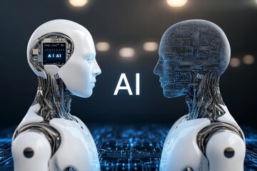 Wall Mural - Two humanoid robots facing each other in a futuristic setting with an AI logo representing human machine communication and the development of advanced artificial intelligence systems