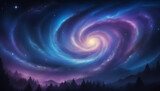 Fond paysage galaxie violet bleu ciel voûte céleste cosmos espace nébuleuse tourbillon abstrait montagne arbre Fantasy.