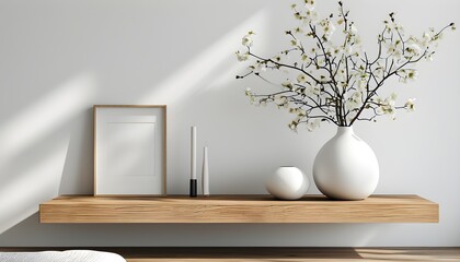 Wall Mural - Elegant Minimalism: A Modern Bedroom Shelf Showcasing White Vases and Wooden Accents