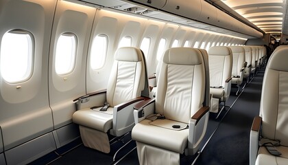 Elegant white airplane interior featuring a comfortable armchair, ideal for a luxurious travel experience in business class on a modern aircraft.