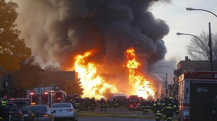 A city street filled with smoke and flames after a gas explosion, with firefighters battling the blaze