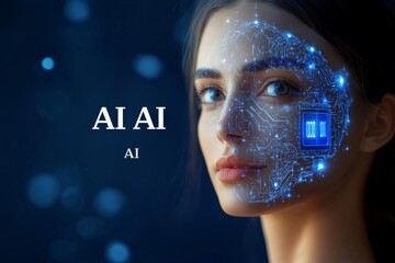 Poster - Womans face with blue AI circuits glowing on her skin symbolizing human machine interaction augmented reality and cognitive enhancement through neural interfaces in the digital age