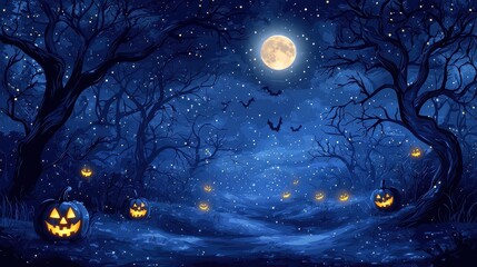 Wall Mural - Spooky Halloween night in enchanted forest with glowing jack o' lanterns and full moon