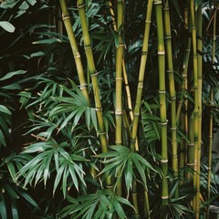 Wall Mural - Green Bamboo Forest, Nature Background Serene Lush Grove with Tropical Plants and Palm Leaves