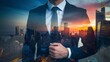 © THESUN - 3D Silhouette of Businessman and City Skyline at Night. Business Concept.