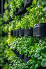 Vibrant wall of herbs in black pots, showcasing lush greenery in an urban garden setting, perfect for nature enthusiasts.